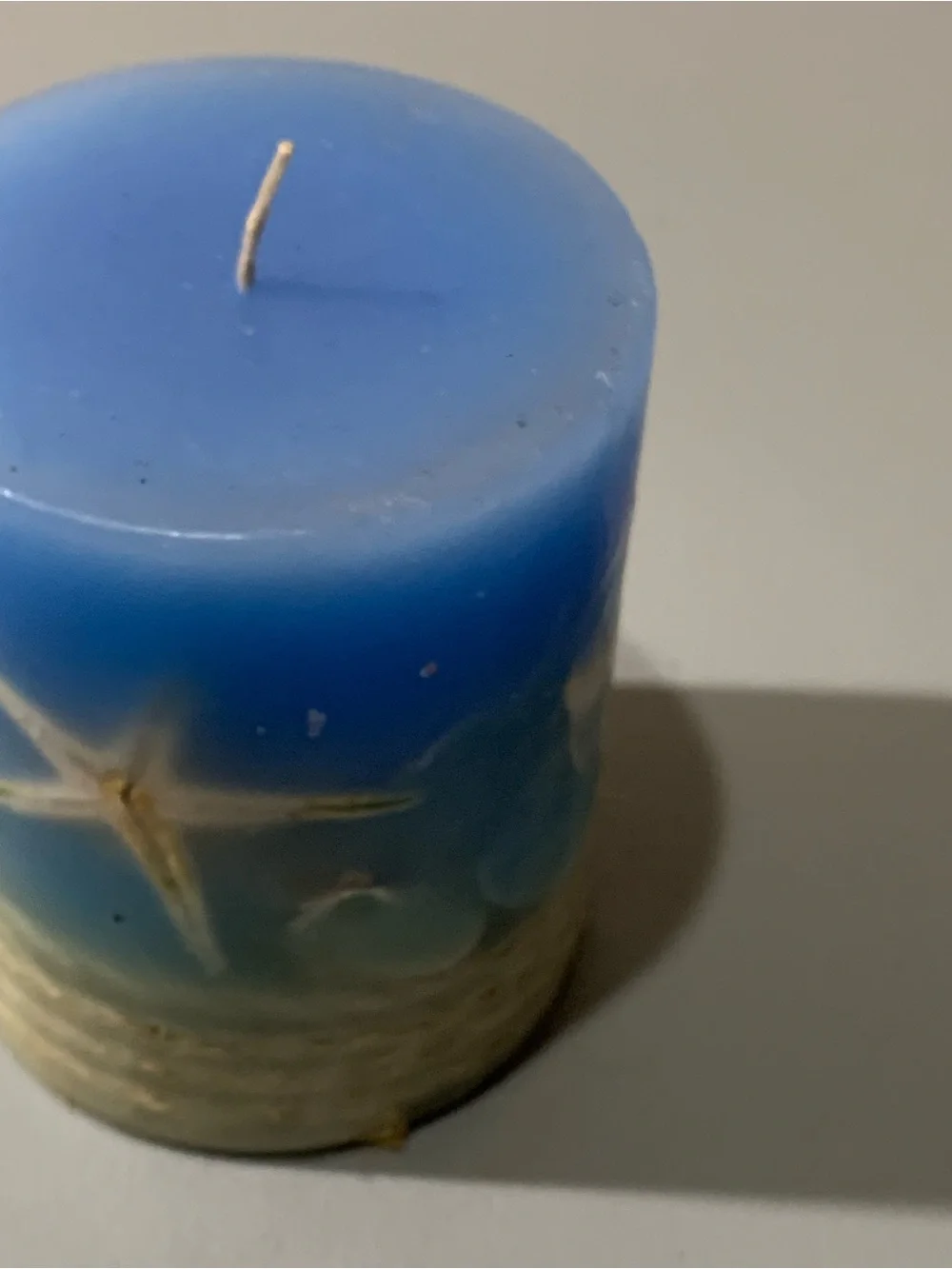 Blue Seashell Pillar Candle with Embedded Shell Accents